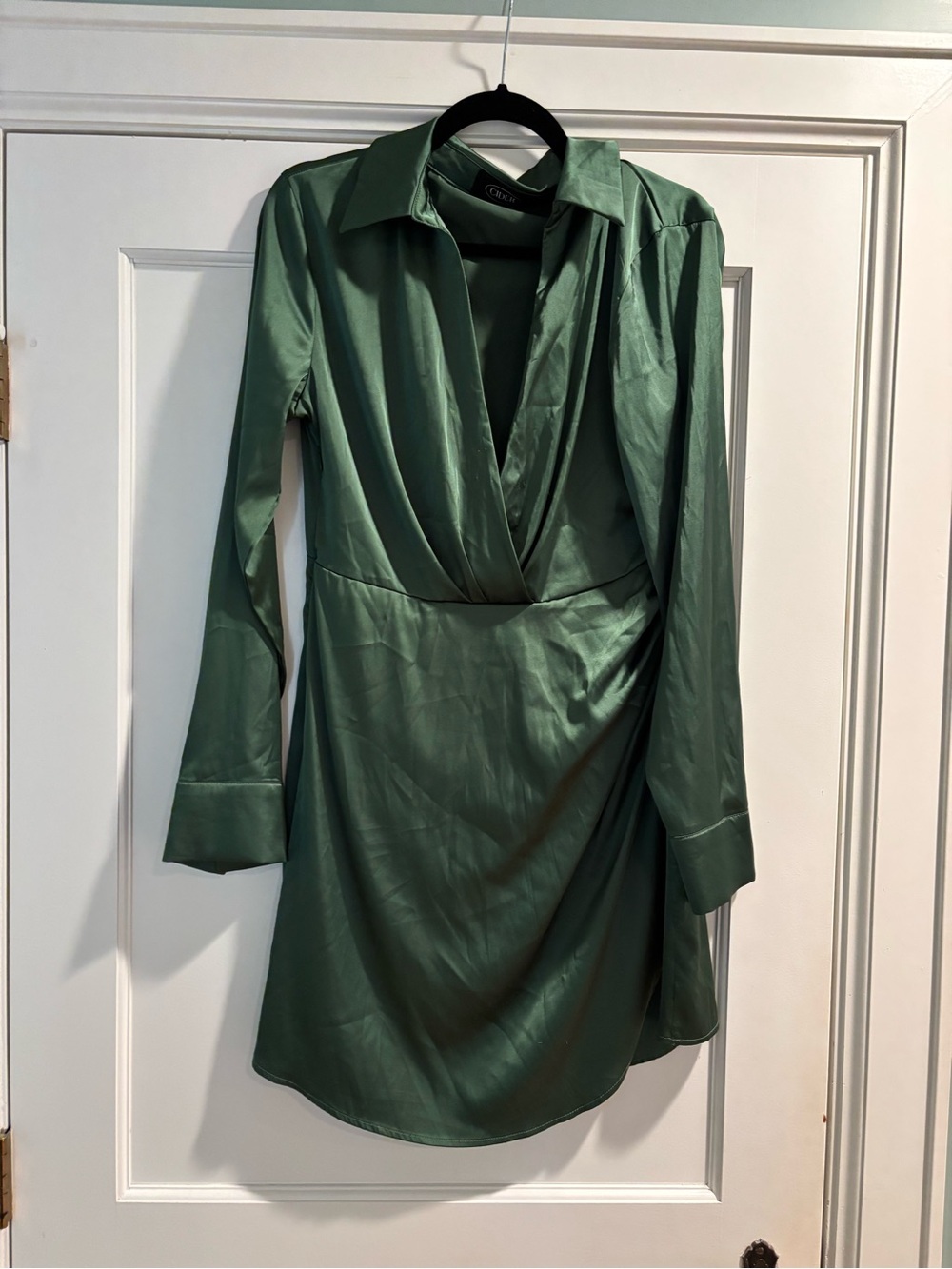 Cider Sage Green Satin Wrap Shirt Dress